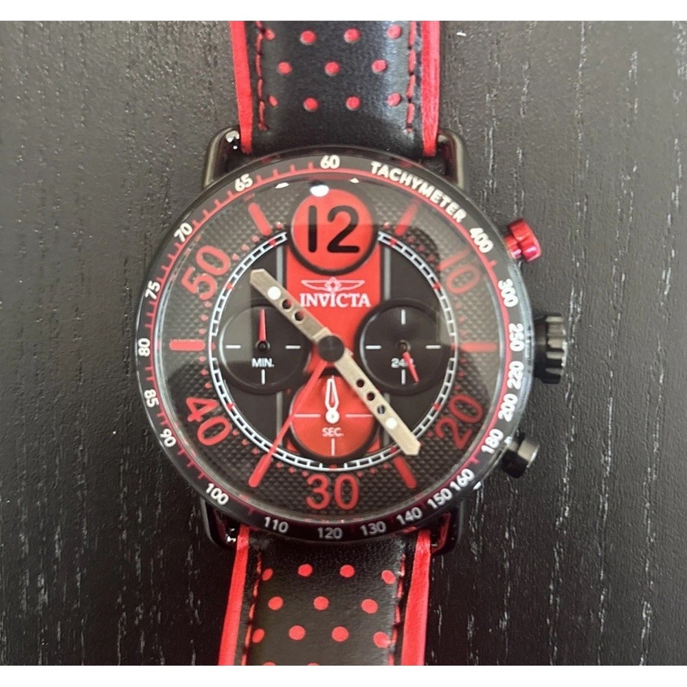 Invicta Racing Chronograph 49366 44mm Black Red Dial Leather Strap Date Quartz